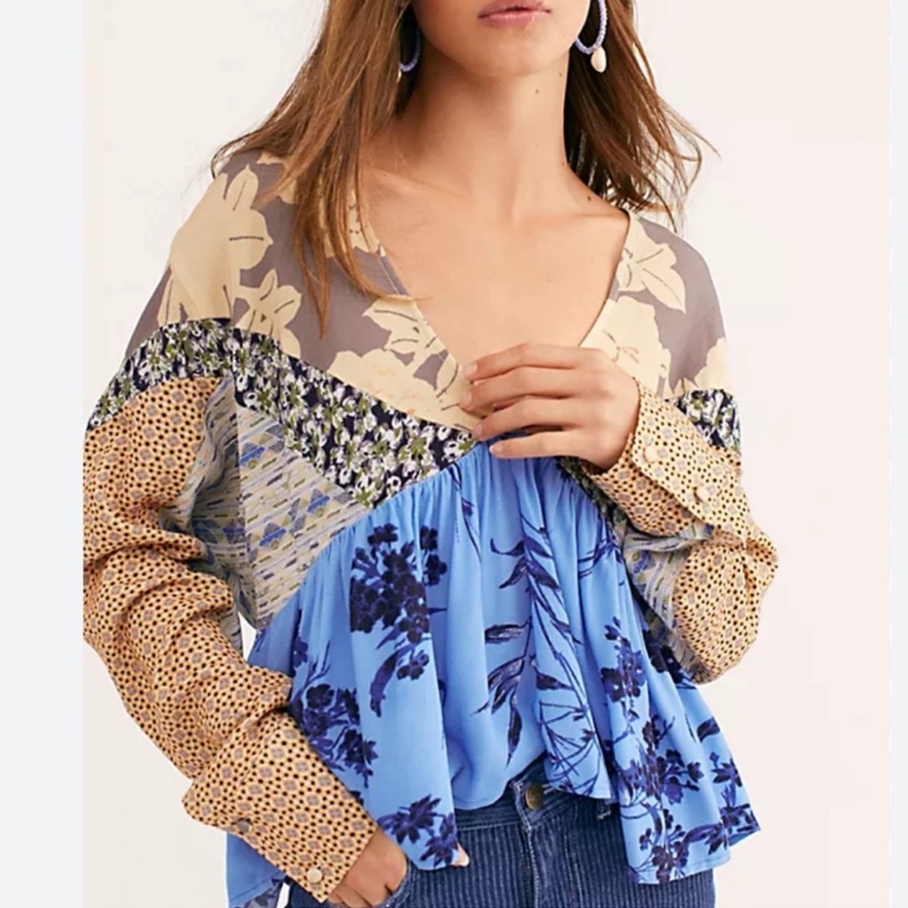 Free People Aloha State of Mind Long Sleeve Blouse Boho Floral Pattern Flowy Top